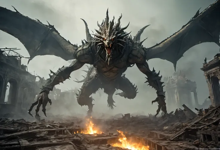 The Rotten Zombie Dragon is Flying and burning the ruin city, (best quality,patriarch),(Very subtle colors), ,It is set in a post-apocalyptic wasteland with the ruins of a once great civilization. ,perfect composition, The best exhibition, (golden ratio:1...