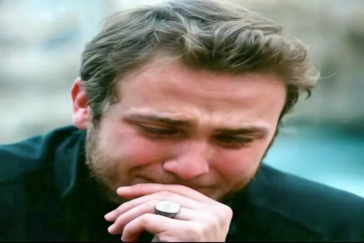 there is a man that is holding his mouth, giga chad crying, he has a devastated expression, rip, sad man, heartbreaking, emotional picture, people crying, crying many tears, he is sad, extremely emotional, tears, tears running down face, very emotional, cr...