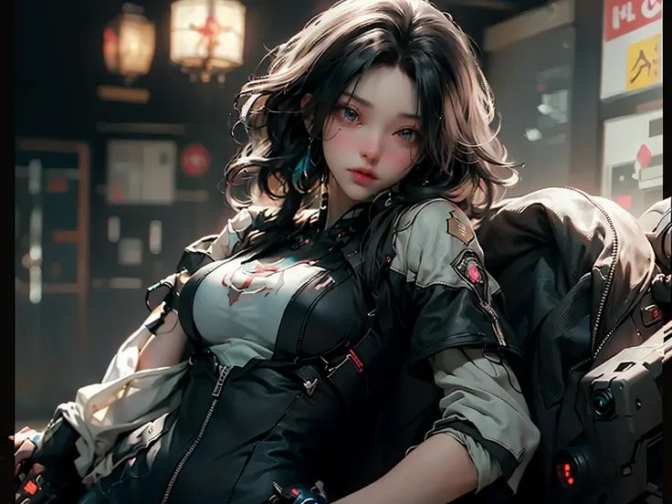 (best quality), ((Masterpiece), (details: 1.4), 3d, Beautiful Cyberpunk Female Figure, big breasts, Super sexy, HDR (high dynamic range), Ray Tracing, NVIDIA RTX, Excellent resolution, Not true 5, subsurface scattering, PBR surface, post processing, Anisot...