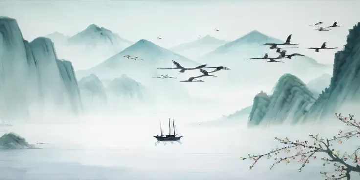 It turns out there is a boat floating on the water，birds flying above, in peaceful scenery, Chinese style景, Chinese style, Serenity illustration, Inspired by Ma Yuan, Chinese painting style, peaceful scenery, Chinese watercolor style, author：Xu Xi, peacefu...