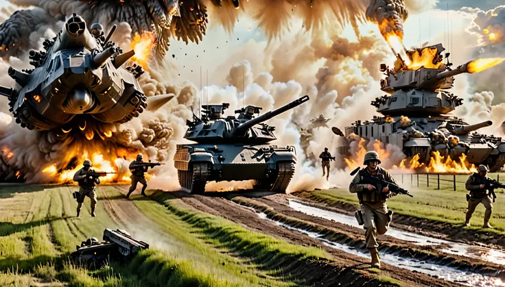 epic battle scene, north dakota backdrop, farm house, us soldiers with assault rifles attack in front of an alien main battle ta...