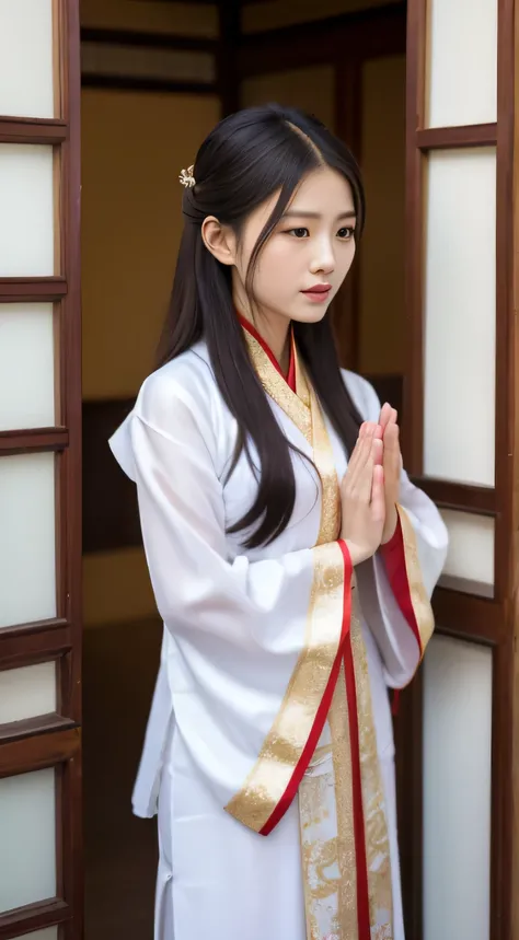 Bowing with both hands，Pray sincerely，Asian woman in Arad wearing traditional clothes standing with folded hands at the door of traditional Chinese ancient building ， A girl in hanfu, wearing chinese clothes, hanfu, asian dynasty princess, chinese princess...