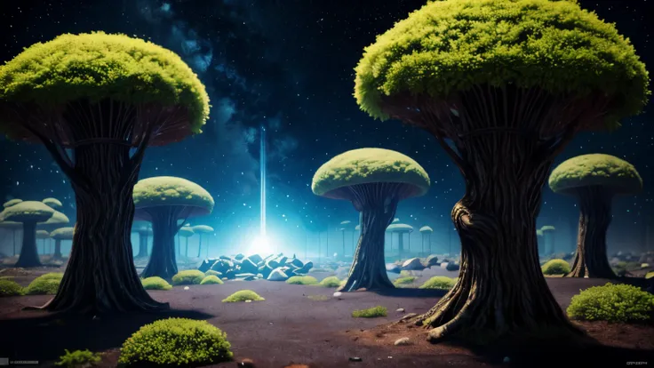 alien planet, alien vegetation, epic, epic background, mooshrooms, dinamic, realistic, 8k, overallDetail:1.5