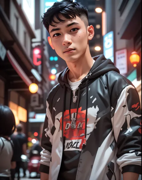 {{masterpiece, best quality, extremely detailed CG, unity 8k wallpaper, cinematic lighting}}, a boy, undercut hair style, chibi, streetwear, black hair, accurate, long pant, change light city background