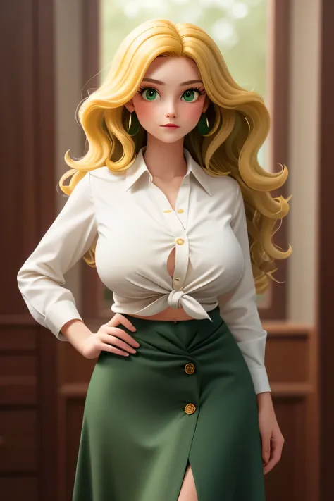 A tall beautiful girl, huge chest, wavy yellow hair, long green square eyes, dresses in a shirt with white buttons, a knot, unbuttoned, shows her navel and her long green skirt. 