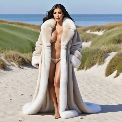 A very wide and very thick, very long sand mink fur coat, fifty centimeters thick, duveteux, naturel, with an ultra thick white and sand mink fur collar, three layers, sur Kim Kardashian, fully nude front view, bare shoulders, and two large breast discover...