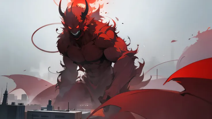 a huge demon in the center of a modern city covered in red fog