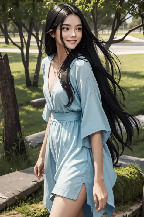 Girl Long Hair　black hair　blue eyes　Smile confidently　correct limbs　Landscape　