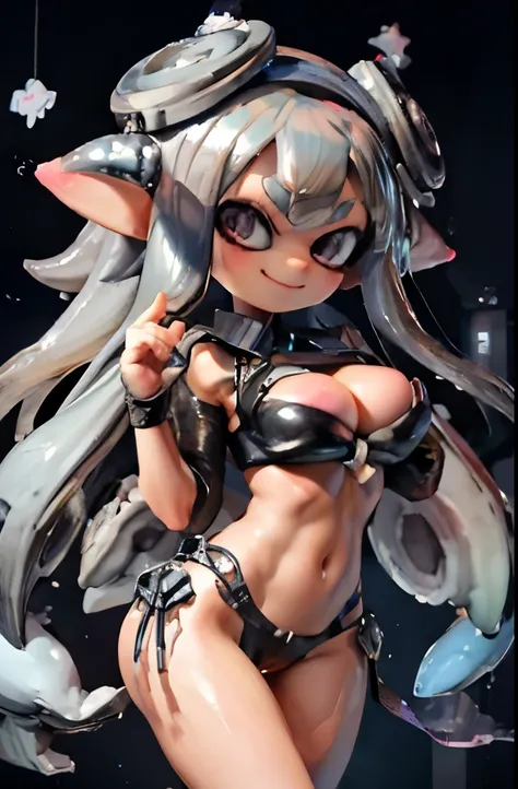 Splatoon Girl 、super big breasts、fuwa、silver tentacle hair、Pose that emphasizes the chest、Sexy dynamic pose、smile、