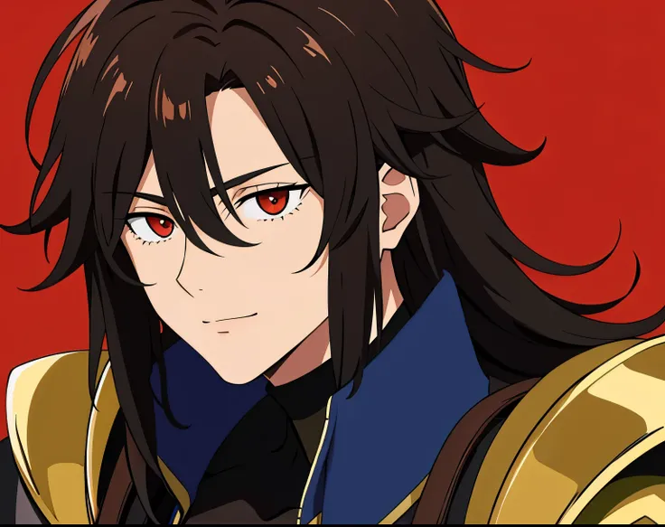 (high-quality, breathtaking),(expressive eyes, perfect face) 1boy, male, solo, age 20, young adult age, masculine face, blacky brown color hair, red eye color, spiky fluffy hair, medium hair length, messy loose hair, Hypnos inspired, narrow eyes, Symmetric...