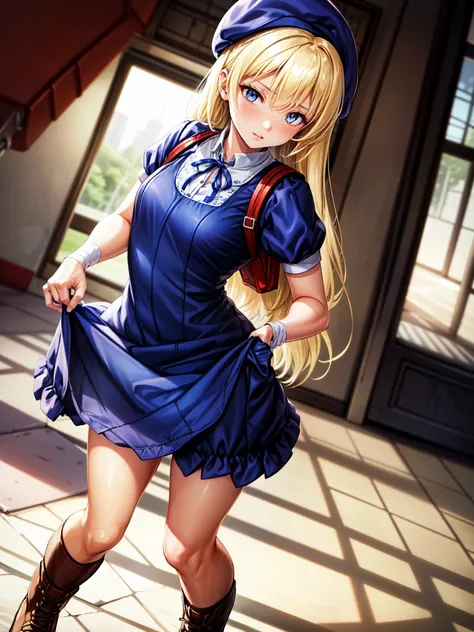 masterpiece, best quality, solo, full body, 1girl, thick lips, solo, hinakoms, blonde hair, blue hair bow, dress lift, blue dres...