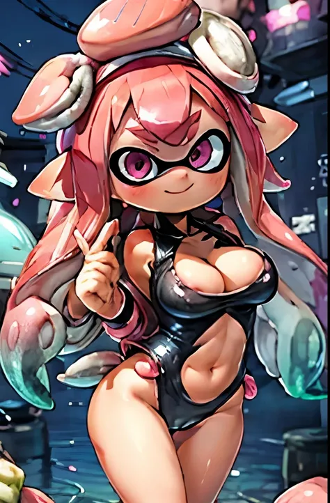 Splatoon Girl 、super big breasts、fua、Neon pink tentacle hair、Pose that emphasizes the chest、Sexy dynamic pose、smile、