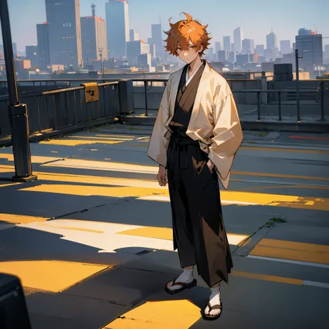 1male , Short Messy Hair , Peach Hair , Golden Eyes, Black Yukata , Baggy Black Pants , Japanese Sandals with socks , Facing Viewer , Modern City Background, Adult Male , Standing On Sidewalk