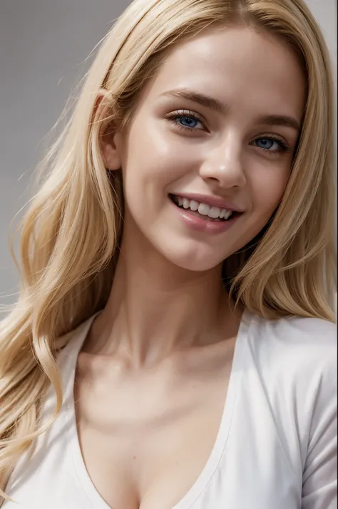 masterpiece, best quality, extremely detailed, hyperrealistic, photorealistic, a beautiful 20s french model, white background, pink jacket:1.2, white t-shirt, ultra detailed face, wavy hair, blonde hair, pale skin, busty breasts, laughing