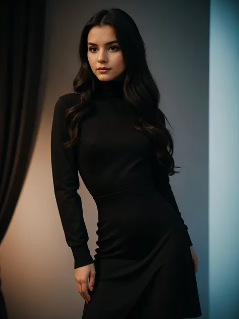 Magazine style photo of a young woman with black side-swept long wavy hair wearing a maroon turtleneck dress and black stocking inspired by Dior and Céline, indirect lighting, studio portrait, dark plain background, dynamic pose, beautiful body, 160 cm 50 ...