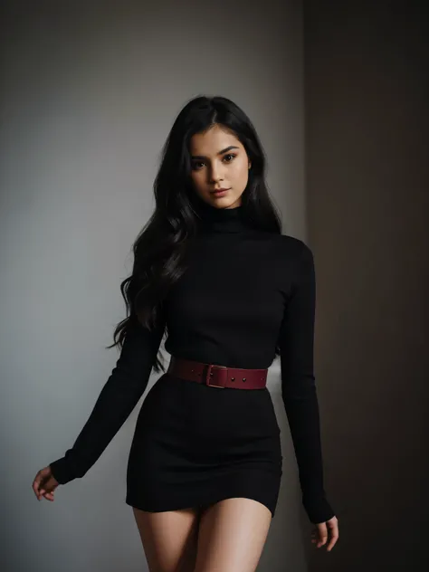 Magazine style photo of a young woman with black side-swept long wavy hair wearing a maroon turtleneck dress and black stocking inspired by Dior and Céline, indirect lighting, studio portrait, dark plain background, dynamic pose, beautiful body, 160 cm 50 ...