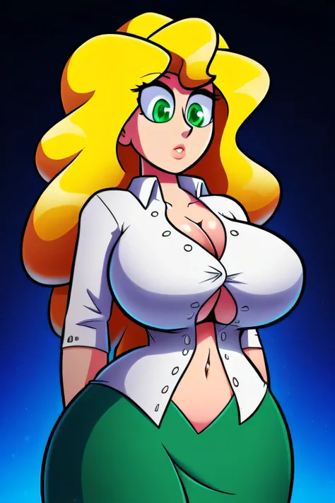 A tall girl, beautiful, huge chest, wavy yellow hair, long green square eyes, dresses in a shirt with white buttons, a knot, unbuttoned, shows her navel and underneath her long green skirt. 