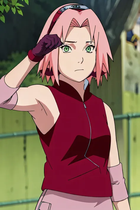 sakura haruno, sakura shippuden, upper body, armpits, showing armpits, sleeveless, masterpiece, 1 girl, green eyes, posing, elbo...