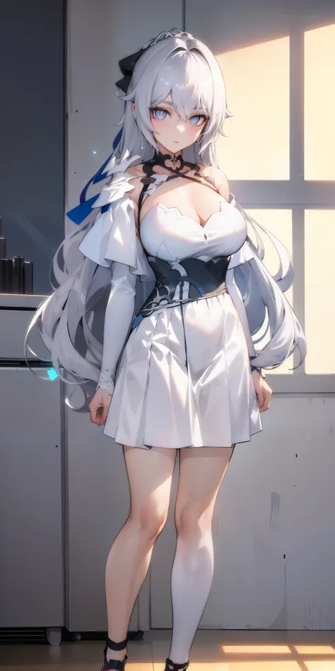 bronya zaychik (silverwing n-ex), bronya zaychik, red pupils,breasts, long hair, dress, grey hair, cleavage, bangs, (glowing grey eyes:1.2), 
BREAK ((white shirt on her shoulders:1.5))
BREAK single pauldron, 
BREAK standing, full body, looking at viewer, e...