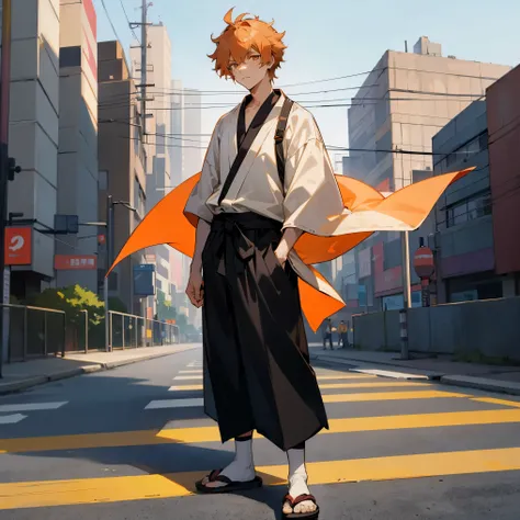 1male , Short Messy Hair , Peach Hair , Golden Eyes, Black Yukata , Baggy Black Pants , Japanese Sandals with socks , Facing Viewer , Modern City Background, Adult Male , Standing On Sidewalk , Serious Expression 