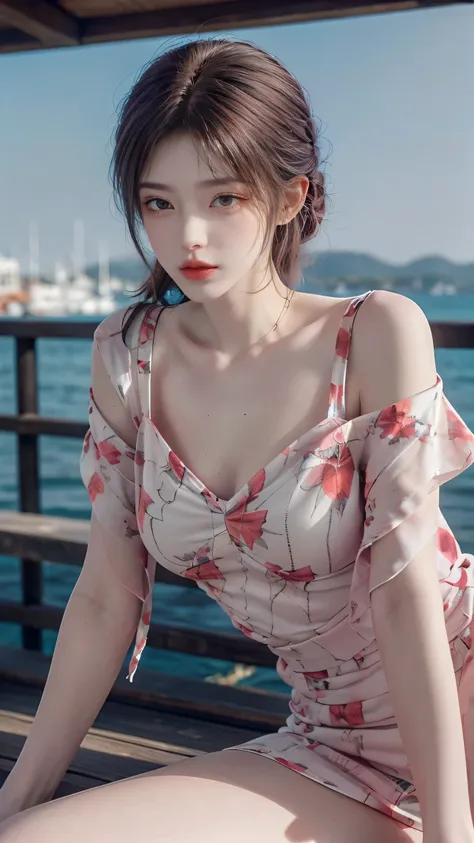 print dress, off shoulder,  fashi-girl. red lips, mature female, makeup, ((Random shooting angles)), (best quality, masterpiece:1.2), ultra-detailed, (realistic:1.37), beautiful, youthful, glamorous model with (detailed eyes, detailed lips, extremely detai...