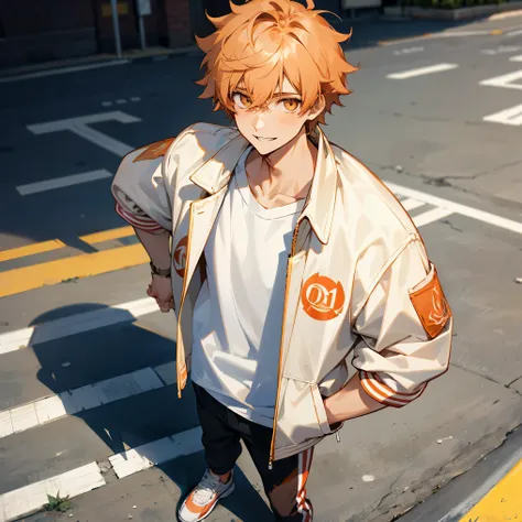 1male , short messy hair , peach hair , golden eyes, baggy white letterman olympic unzipped jacket , white t-shirt underneath , ...