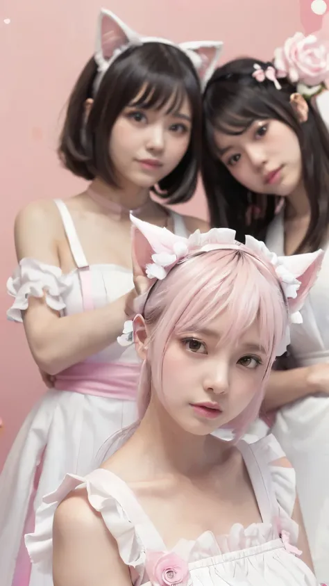 (Emo art:1.6), masterpiece, 4k, Bokeh, high school girls, (Multiple girls:1.6), (Group photo:1.5), beautiful face,  (Cat ears:1.3), (pink+white soft hair:1.6) , (Japanese idol:1.6), Blushed face, (Pink maid costume :1.4), looking at the viewer, closeup, 
 ...