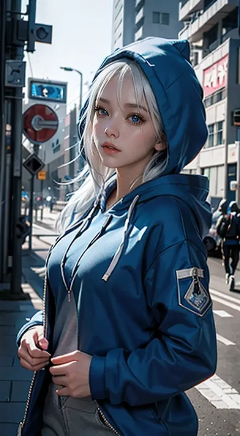 arafed woman in a blue hoodie and blue pants posing for a picture, ross tran 8 k, beautiful digital artwork, perfect white haired girl, girl wearing hoodie, ross tran style, cyberpunk anime girl in hoodie, smooth digital concept art, trending on cgstation,...