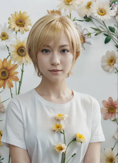 (best quality:1.3), (Best Performance:1.2), (best illustrations:1.2), (Anime style:1.2), (art film light:1.2) (1 person) Wears a white shirt, has short blonde hair, and yellow eyes. (put flowers:1.2)