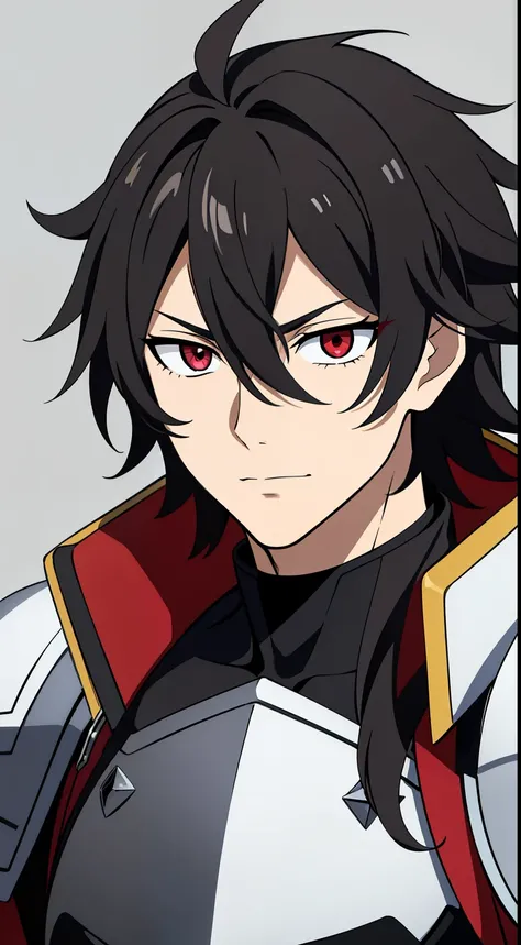 (high-quality, breathtaking),(expressive eyes, perfect face) 1boy, male, solo, age 20, young adult age, masculine face, black color hair, red eye color, spiky fluffy hair, medium hair length, messy loose hair, narrow eyes, Symmetrical Eyes, portrait, soft ...