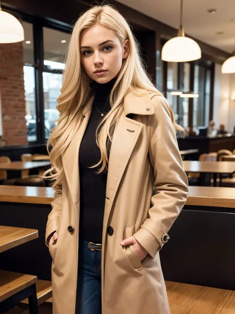 Emily Hart, 21 years old, blonde hair, long hair. Sensual, wearing a coat, in the cafe, realistic image, high quality