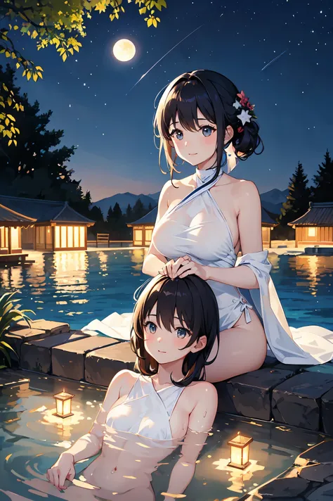 Two cute women bathing in a large hot spring with a view of the starry sky、The right shoulder is hidden by a white cloth、The left shoulder is not hidden、For large open-air bath、to the chest、The body is in。The moon is shining in the starry sky。