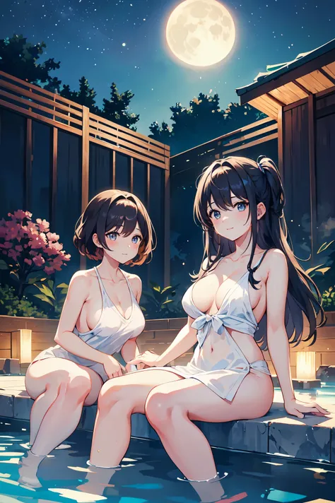 Two cute women bathing in a large hot spring with a view of the starry sky、The right shoulder is hidden by a white cloth、The left shoulder is not hidden、For large open-air bath、to the chest、The body is in。The moon is shining in the starry sky。