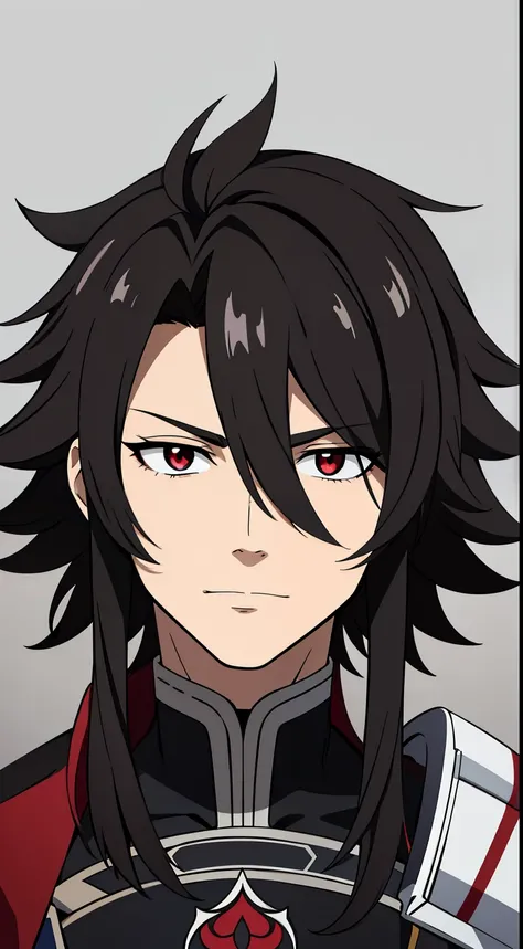(high-quality, breathtaking),(expressive eyes, perfect face) 1boy, male, solo, age 20, young adult age, masculine face, black color hair, red eye color, spiky fluffy hair, medium hair length, messy loose hair, narrow eyes, Symmetrical Eyes, portrait, soft ...