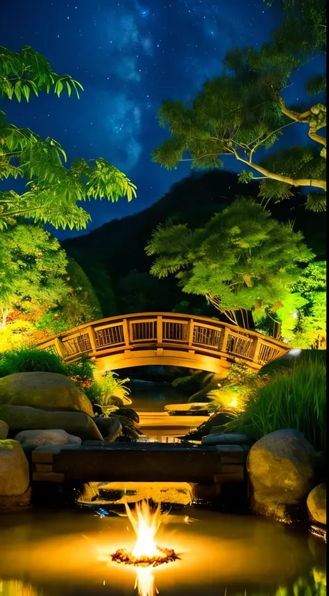 Japanese garden, small bridge and flowing water, night starry sky, Summer night sky, fire Fly, bamboo forest, extreme details, realistic light, magnificent composition, (intricate details), (intricate design, Super detailed: 1.2), art station, (masterpiece...