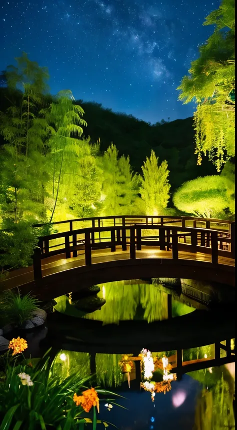 Japanese garden, small bridge and flowing water, night starry sky, Summer night sky, fire Fly, bamboo forest, extreme details, realistic light, magnificent composition, (intricate details), (intricate design, Super detailed: 1.2), art station, (masterpiece...