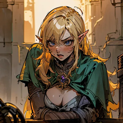 POV: drinking together in tavern, Blond haired tsundere elf, Hunter, confident, assertive, genre: dark fantasy, adventurer, Pov: Chasing you[Close up, detailed, detailed face, detailed body] (Background: inside a dark Tavern, dark lighting)