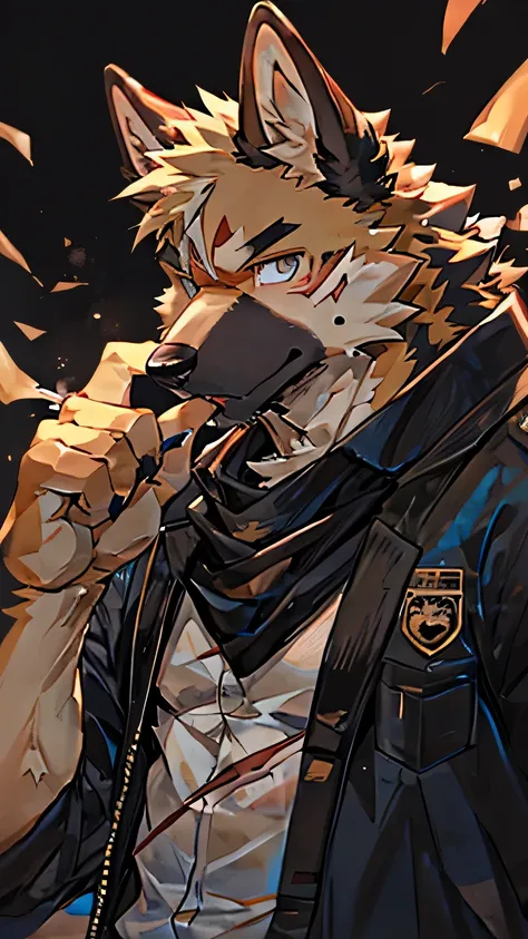 masterpiece，high quality，perfect anatomy，furry，anthro dog，German shepherd，male， niji5，shirt lift,biting shirt,shirt on mouth，brown pupils，bright eyes，scar on face，detailed face，by kiyosan，close up face