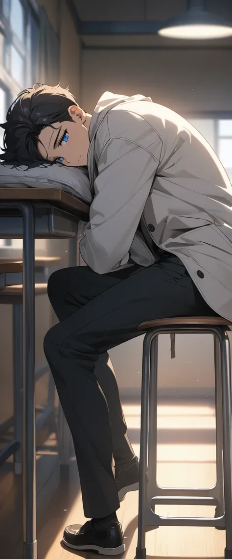 best quality: 1.0), (ultra high resolution: 1.0), anime boy, short black hair, blue eyes, white coat, black pants, Sleep on a stool, classroom background