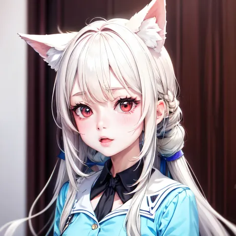 (masterpiece, best quality:1.2), emoticon packages,red eyes，white hair，fox ears，pitiful，blush，looking down