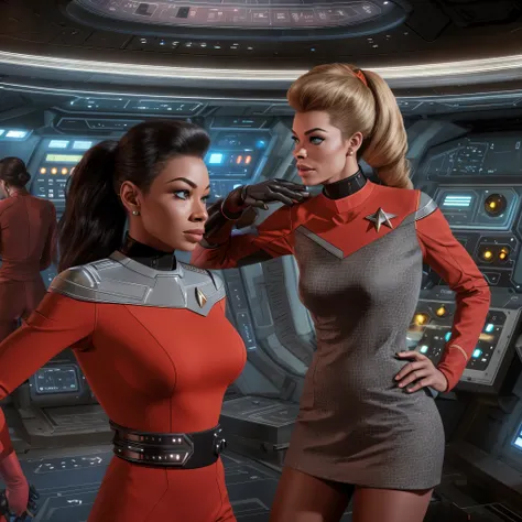 engine room, futuristic technology,female engineers, Uhura-inspired, vibrant red uniform, Seven of Nine-inspired, sleek silver uniform,atompunk elements, analog dials, Star Trek aesthetics, 1960s sci-fi, photorealistic style, detailed textures,dynamic conv...