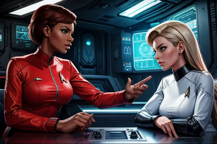 2girls, engine room, futuristic technology,female engineers, Uhura-inspired, vibrant red uniform, Seven of Nine-inspired, sleek silver uniform,atompunk elements, analog dials, Star Trek aesthetics, 1960s sci-fi, photorealistic style, detailed textures,dyna...