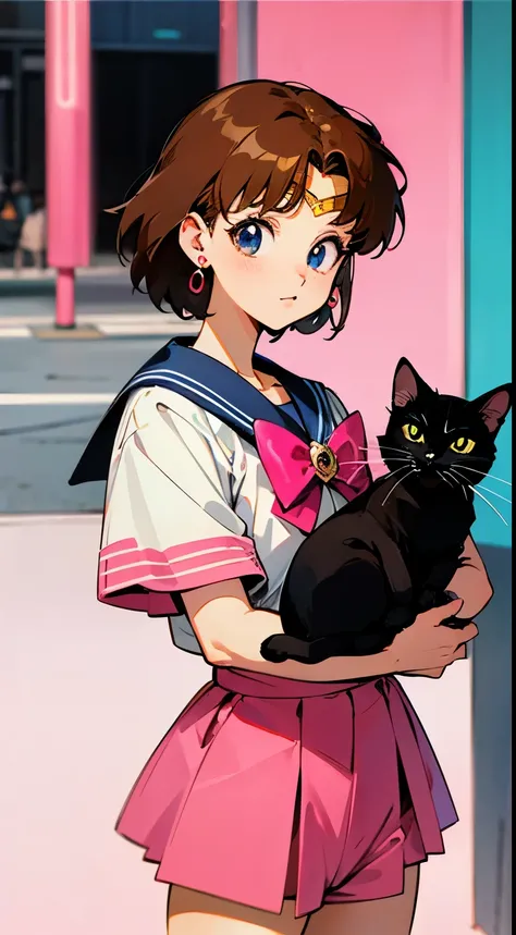 Manga Illustration Poster Color, sailor moon, With short brown hair, Holding a black cat、Wearing pink short sleeves, Shibuya Street, Street Photography,Record store entrance, Wearing 90s street clothes, front, --AR2:3 - Style Expressiveness - S 400，hand de...