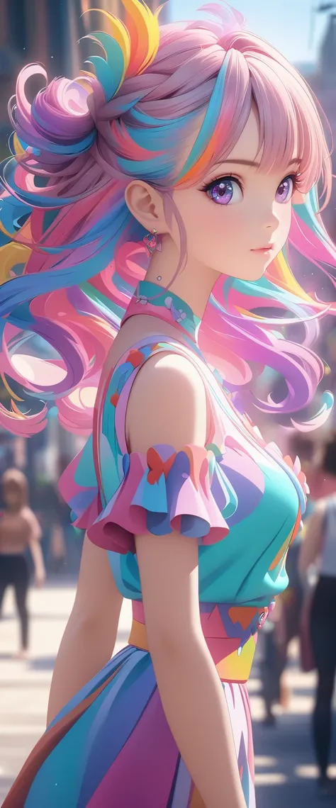 anime girl，colorful hair and colorful clothes, rose draws pastel vibrant, rossdraws cartoon vibrant, anime style 4k, beautiful a...