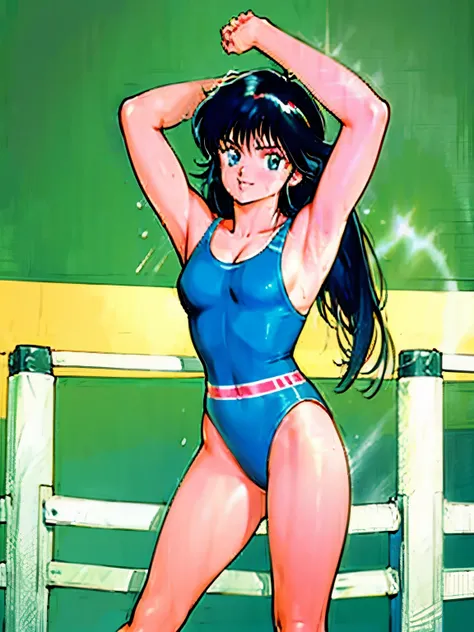 ((Best quality)), ((masterpiece)), ((anime style)), ultra detailed face, ((1 girl)), female wrestler, competition swimsuit, ((wrestling ring)), long hair, mature, milf, 30s, sweaty armpit, very sweaty, standing, victory pose, looking at viewer, highleg, sm...