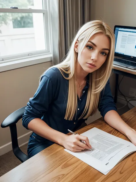 Emily Hart, 21 years old, blonde hair, long hair. In home clothes, sitting at a computer desk, realistic image, high quality