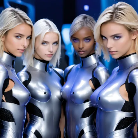 A pamphlet about an autonomous female android equipped with AI, (corporate product exhibition:1.3),
All three are gorgeous androids dedicated to sex entertainment,
Three women of different races are lined up naked,
One is an 18yo Aryan with blonde hair, bl...