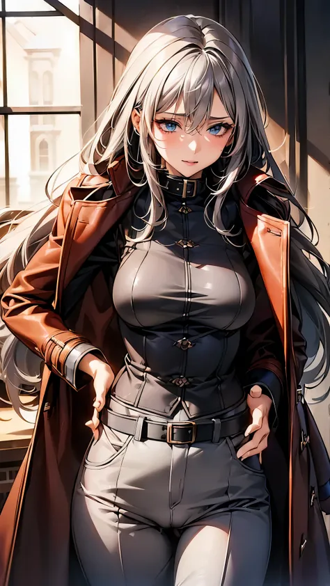 (mature woman１name), (gray hair, long hair:1.3), blue colored eyes, (medium breasts), (red leather long coat), belt, pants, office, masterpiece, high quality,  ((masturbation:1.6, touch pussy))