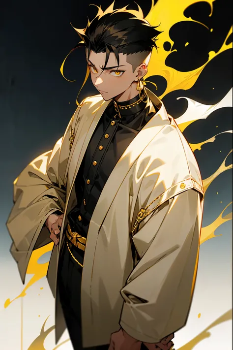 1male, tan skin, black hair, yellow gradient hair, golden eyes, expressionless, spiked undercut modern fade hair, black and white shinigami clothing, black and white haori, blue and white gradient background, detailed eyes, golden earrings, standing on pat...