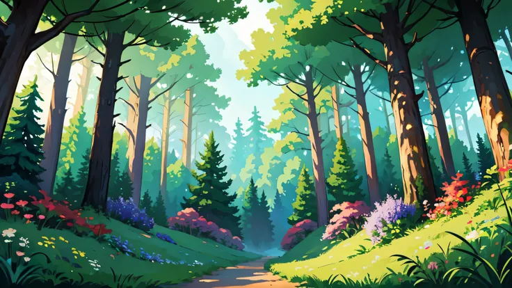 ((bright)), cartoon beautiful fantasy fairy forest inside with trails and trees on a sunny day, forest plants, beautiful fairy m...